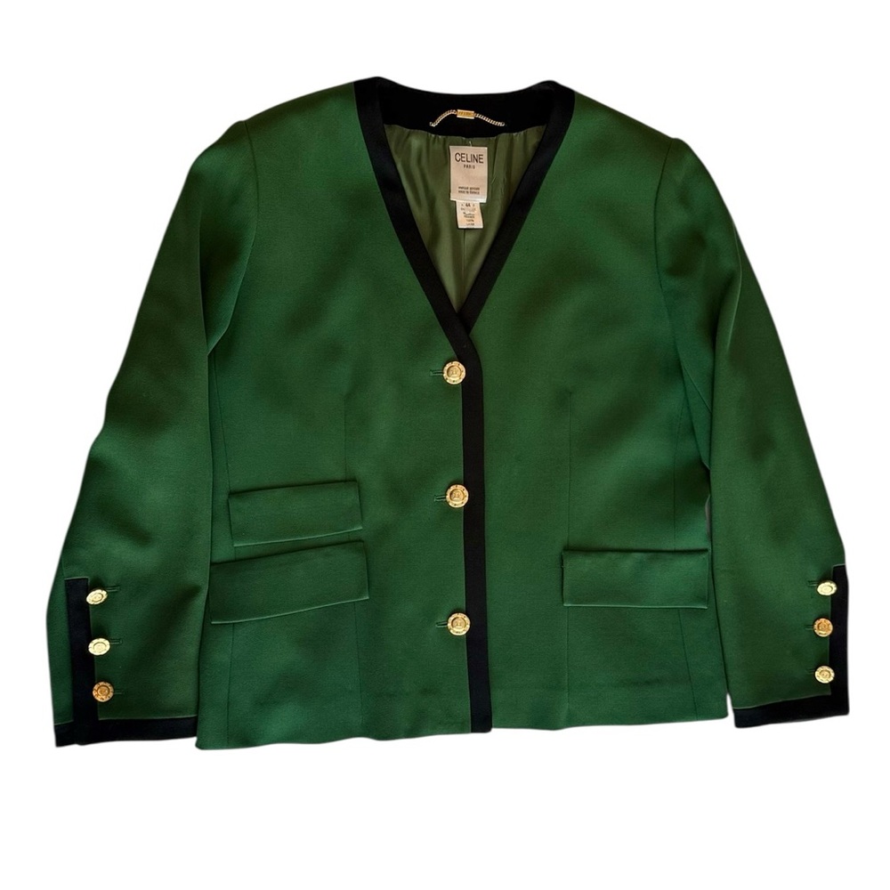 Vintage Celine Paris Green Wool Blazer Gold Logo Buttons 44